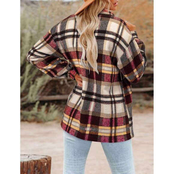 Women Wine Red Collared V Neck Button Down Oversized Long Sleeve Shirt Top - Picture 2 of 5